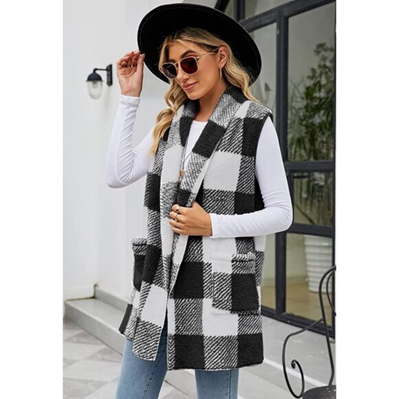 Black Plaid Print Faux Fur Oversized Open Front Sleeveless Vest Cardigan Sweater - Picture 2 of 6